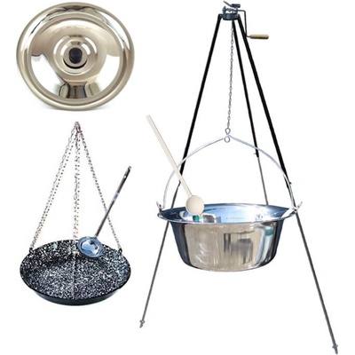 Kessel kotlík na guláš nerez 14 l INOX 0,8 mm pánev smalt 42 cm teleskopická trojnožka pojistný kladka VAR 93-170 cm poklice nerez INOX 41 cm naběračka 350 ml vařečka