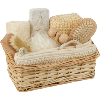 CROLL & DENECKE Wellness v proutěném koši Dárková sada tylová houba + lufa + kartáč na nehty + kartáč na vlasy + sisalová houba + pemza + masážní váleček + sisalový mycí masážní pás dárková dada