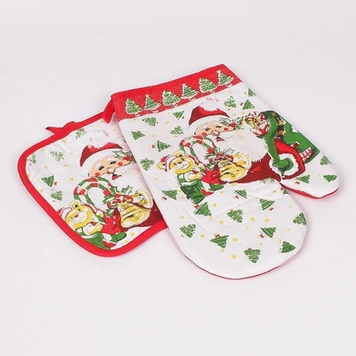 Ръкохватка и ръкавица в бяло и червено с коледни картинки