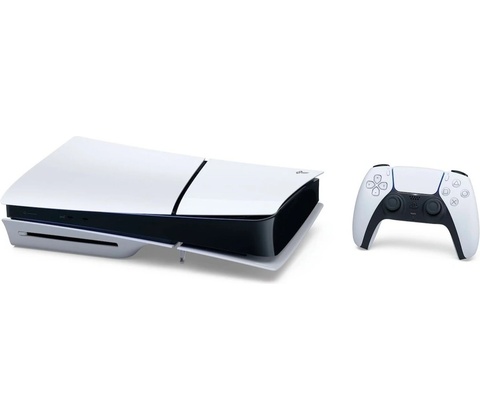 playstation-5-slim, pohled na konzoli a ovladač vedle sebe