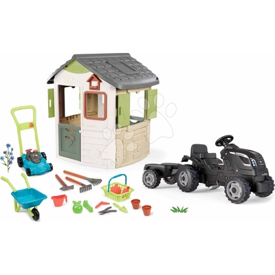 Smoby Set domček s traktorom a prívesom Farmer Life Jura Lodge rozšíriteľný s kŕmidlom a fúrik s kosačkou