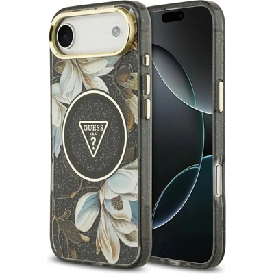 GUESS Калъф Guess IML Glitter Flowers Triangle MagSafe за iPhone Air - черен