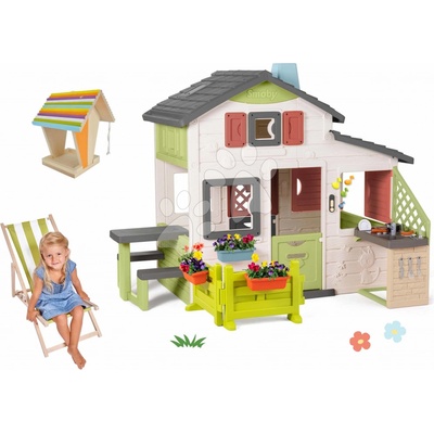Smoby Set domček Priateľov s predzáhradkou a drevené lehátko Friends House Life s kuchynkou a drevené kŕmidlo pre vtáčikov