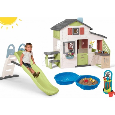 Smoby Set domček Priateľov a šmykľavka Toboggan s pieskoviskom Friends House Life s kuchynkou a elektronickým zvončekom a vozík so záhradným náradím
