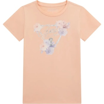 GUESS Тениска с къс ръкав в прасковен цвят за момиче със сребристо лого и цветя Guess
