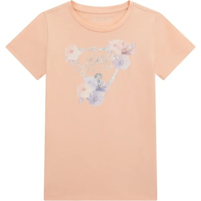 GUESS Тениска с къс ръкав в прасковен цвят за момиче със сребристо лого и цветя Guess