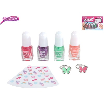 Glamour sada krásy s laky na nehty 2 ml 4 ks prstýnky 2 ks a nálepkami na nehty v krabičce