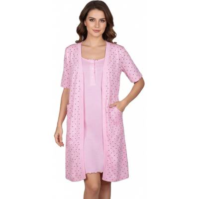 Комплект от нощница и халат в розово с точки