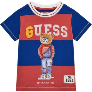 GUESS Тениска къс ръкав в червено и синьо за мини момче с голям надпис Guess и мече