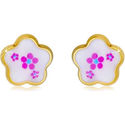 Šperky eshop ve žlutém zlatě kvítek s bílou glazurou a lesklou konturou GG71.25