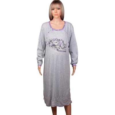 Сива макси нощница за кърмене с дълъг ръкав и мече