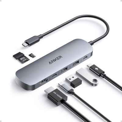 Anker Мултифункционален хъб за свързване на допълнителна периферия за устройства с USB-C - Anker 7-in-1 Multifunctional Docking Station USB-C Hub 4K 60Hz (сив) (A83D2HA1)
