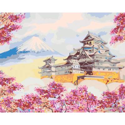 zuty malování podle čísel Japonsko chrám obklopený květinami 80 x 100 cm vypnuté plátno na rám