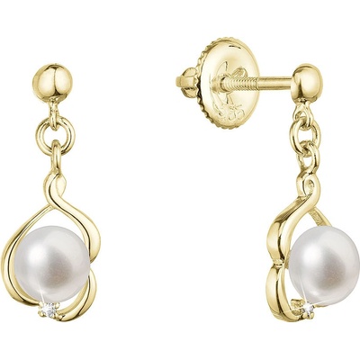Pavona zlaté 14 karátové náušnice visací s říční perlou a brilianty 91PB00057