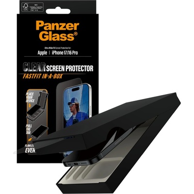 Panzer Стъклен протектор PanzerGlass за iPhone 17/iPhone 16 Pro, UWF, инсталационен бокс, w. Black Frame