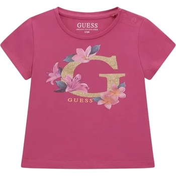 GUESS Цикламена тениска за бебе момиче със златисто G и цветя Guess