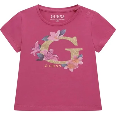 GUESS Цикламена тениска за бебе момиче със златисто G и цветя Guess