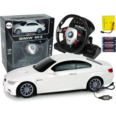 LEAN Toys RC auto BMW M3 1:18 bílé se zvuky a světly ovladač ve tvaru volantu