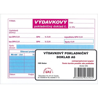 Igaz 292 Výdavkový pokladničný doklad 2xDPH samoprepis