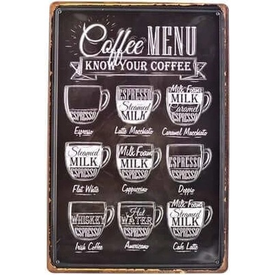 Ceduľa Coffee Menu Vintage style 30cm x 20cm Plechová tabuľa