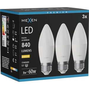 Mexen Nova 3x LED крушка E27, C37, 8W, Топла - 3000K, 840 lm - L102-E27-0830-01x03 (L102-E27-0830-01x03)