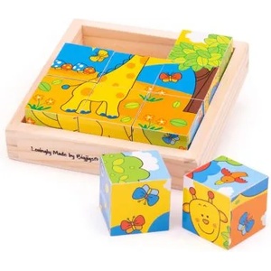 Bigjigs Toys - Пъзел с дървени кубчета - Сафари (BJ512)
