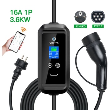 Omnyx Мобилна зарядна станция за електрически автомобили за обикновен контакт - 3, 6 KW, Type 2, Bluetooth, WiFi, 5м, мобилно приложение