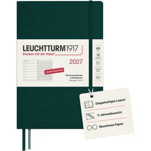Leuchtturm1917 Weekly Calendar 2027 Medium (A5) with Notebook - German Appointment Planner, Forest Green, January-December 2027, Weekly Overview on the Left + Notes Page on the Right - 400054 (400054)