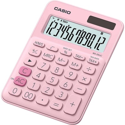 Casio Калкулатор Casio MS-20UC, 12 разряден дисплей, настолен, с двойно захранване, бутон за бърза корекция, розов (MS-20UC-PK)