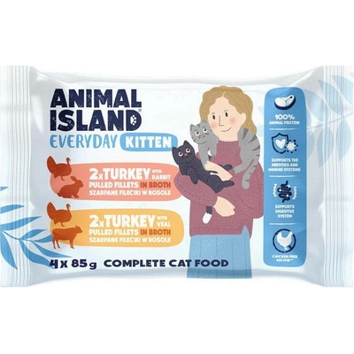 ANIMAL ISLAND Everyday Kitten Turkey with rabbit, Turkey with veal Box 4x85 g