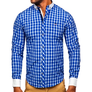 Bolf pánska elegantná košeľa s károvaným vzorom a dlhými rukávmi Kobaltová modrá 5737-1