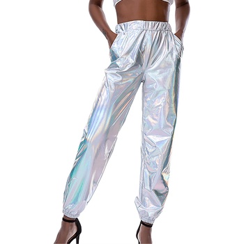 Ластични дамски лъскави панталони с висока талия, сиви