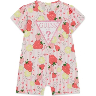 Guess Късо раирано боди в розово и бяло за новородено момиче с плодове Guess