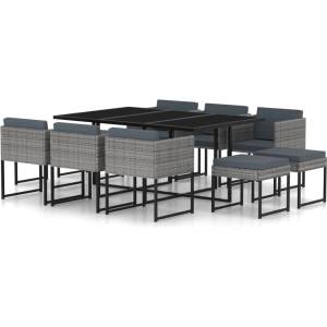 vidaXL Градински комплект с възглавници, 11 части, полиратан, сив (313101)