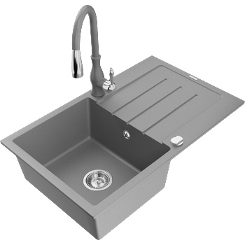 Mexen Bruno гранитна мивка 1-коморна с отцедник и кухненски смесител Savita, сив - 6513-71-672601-71 (6513-71-672601-71)