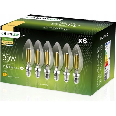 Lumiled 6x LED žárovka E14 svíčka 7W = 60W 806lm 3000K Teplá bílá 360° Filament