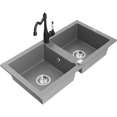 Mexen Mario гранитна мивка с 2 отделения и кухненски смесител Carla, сив - 6504-71-670700-70 (6504-71-670700-70)