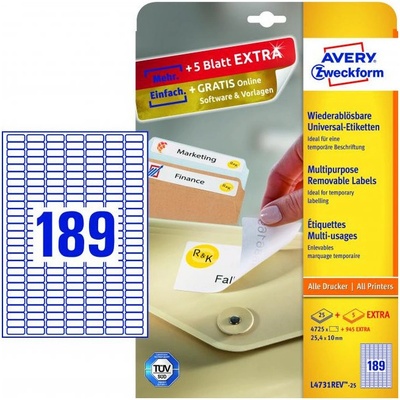 Avery-Zweckform L4731REV-25 25.4 x 10 mm papier biela 5760 ks premiestniteľné univerzálne etikety atrament, laser, kópie; L4731REV-25
