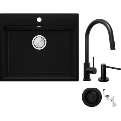 Твоят Стил Черна кухненска гранитна мивка Рига 60 x Черна, Смесител 9010, Сифон, Дозатор