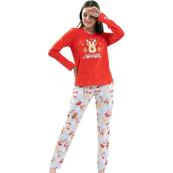 Дамска коледна пижама в червено и светлосиво с еленче