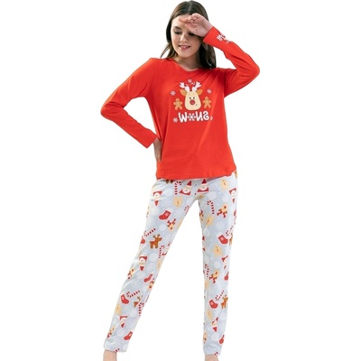 Дамска коледна пижама в червено и светлосиво с еленче