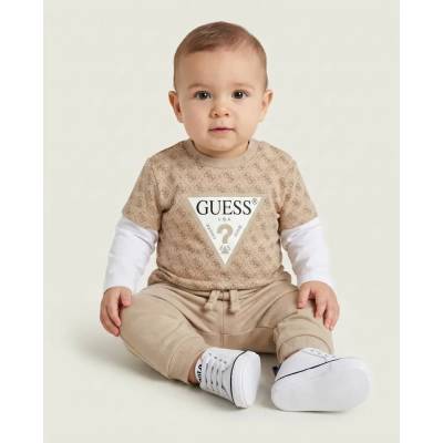 Guess Комплект за бебе момче блуза в бежово с бели ръкави, лого Guess и бежов спортен панталон