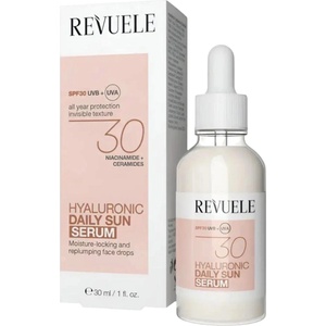  REVUELE Hyaluronic Daily Sun Serum SPF 30, хидратиращ слънцезащитен серум с ниацинамид и церамиди, 30 ml