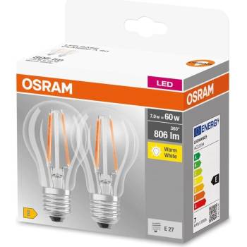 Osram Sada LED žiaroviek Base Classic A, 7 W, 806 lm, teplá biela, E27, 2 ks LED BASE CL A 60 6W/827 E27 FIL, B