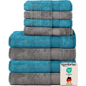 Komfortec set of 8 towels, 4 bath towels 70x140 cm & 4 hand towels 50x100 cm, 100% cotton terry cloth, fluffy and absorbent, anthracite/turquoise - 4er-50x100-und-4er-70x140-anth-turkis (4er-50x100-und-4er-70x1