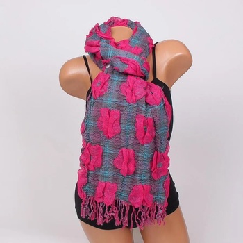 Image 1 of Кариран шал в сиво и тюркоазено с цикламени цветя