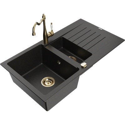 Mexen Matias гранитна мивка с 1, 5 отделения със сушилник и кухненски смесител Carla, черен/златен металик - 6502-75-670700-50 (6502-75-670700-50)