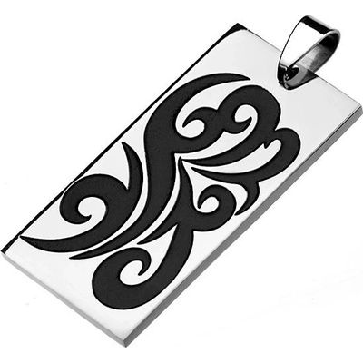 Šperky eshop Obdélníková známka z oceli 316L stříbrný odstín černý ornament spirály Z6.3