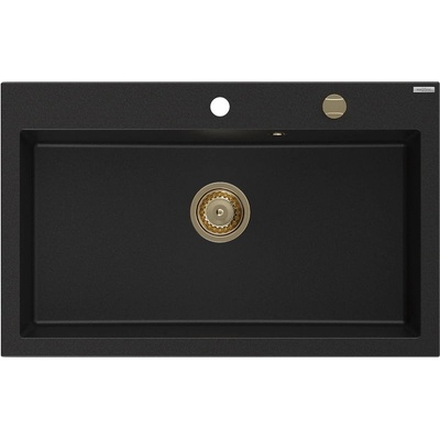 Mexen Elix гранитна кухненска мивка с 1 отделение 800 x 500 мм, черна, златен сифон - 6527801005-77-G (6527801005-77-G)