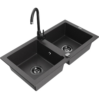 Mexen Mario гранитна кухненска мивка с 2 отделения и кухненски смесител Telma, черен на точки - 6504-76-670200-70-B (6504-76-670200-70-B)